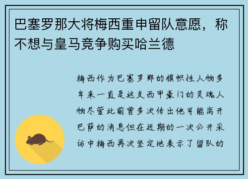 巴塞罗那大将梅西重申留队意愿，称不想与皇马竞争购买哈兰德